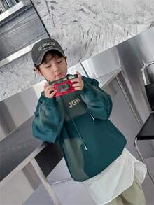 青少年男孩单件字母图案袋鼠口袋抽绳卫衣 - 墨綠色 - 查看 4