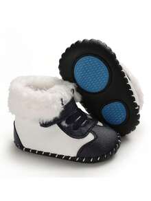 Pu時尚正式款式兒童靴,0-1歲男寶貝保暖絨毛靴子 - 藏蓝色 - 查看 2