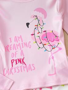 女大童標語&火烈鳥圖案T恤和褲子睡衣套裝適用於聖誕 - 彩色 - 查看 3