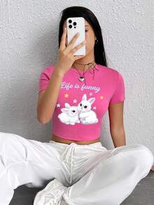 SHEIN EZwear 卡通和標語圖案短款T恤 - 粉色 - 查看 5