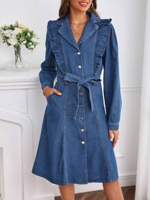 SHEIN Frenchy Ruffle Trim Belted Denim Dress Winter Casual