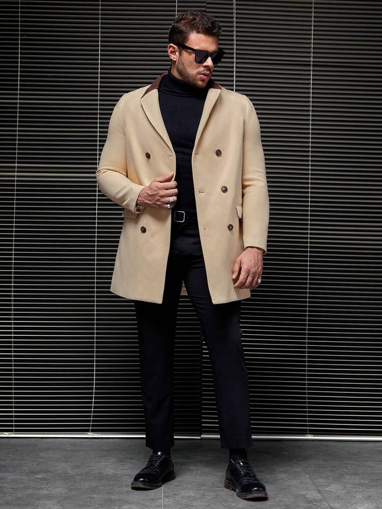 Manfinity VCAY 1 chiếc áo khoác nam dáng rộng hai hàng khuy - Màu Khaki - Xem 3