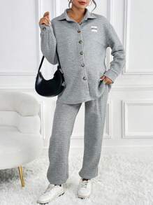 SHEIN 孕婦字母貼布落肩袖外套和運動褲 - 淺灰色 - 查看 5