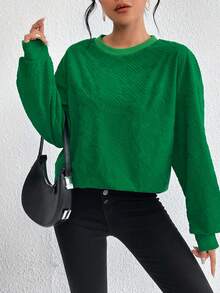 SHEIN Essnce 素色落肩袖運動衫 - 綠色 - 查看 5