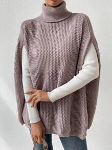 SHEIN LUNE 高領蝙蝠袖針織斗篷 - 卡其色 - 查看 3