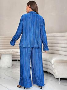 SHEIN Essnce Plus Solid Button Front Shirt & Wide Leg Pants - Blue - View 2