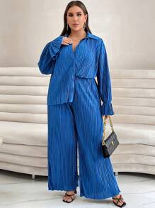 SHEIN Essnce Plus Solid Button Front Shirt & Wide Leg Pants - Blue - View 5