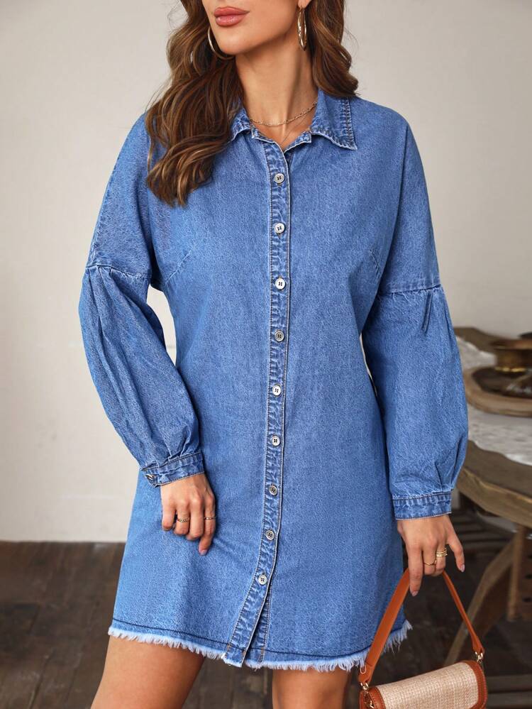 Drop Shoulder Raw Cut Denim Dress