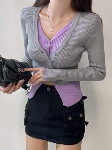 DAZY 拼色纽扣前开襟短款二合一开衫，秋季女装 - 灰色 - 查看 8