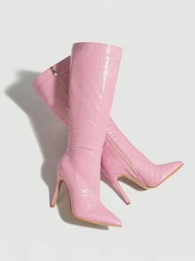 Giày bốt mũi nhọn cổ điển dành cho nữ mùa đông có khóa kéo, họa tiết đá ấm áp, bốt cao đến đầu gối, giày cao gót - Hồng - Xem 5