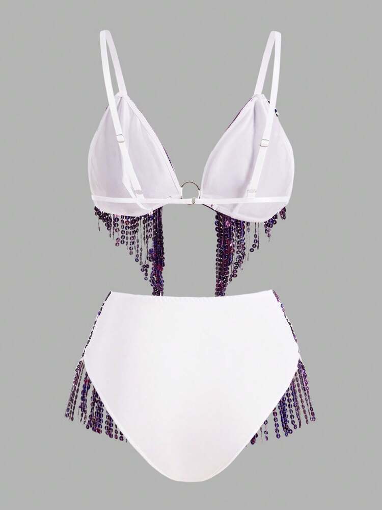 Sequin Fringe Trim Lingerie Set - Purple - View 2