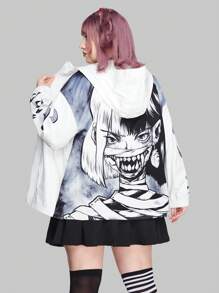 ROMWE Anime 大碼蝴蝶圖案拉鏈開襟落肩袖夾克 - 白色 - 查看 4