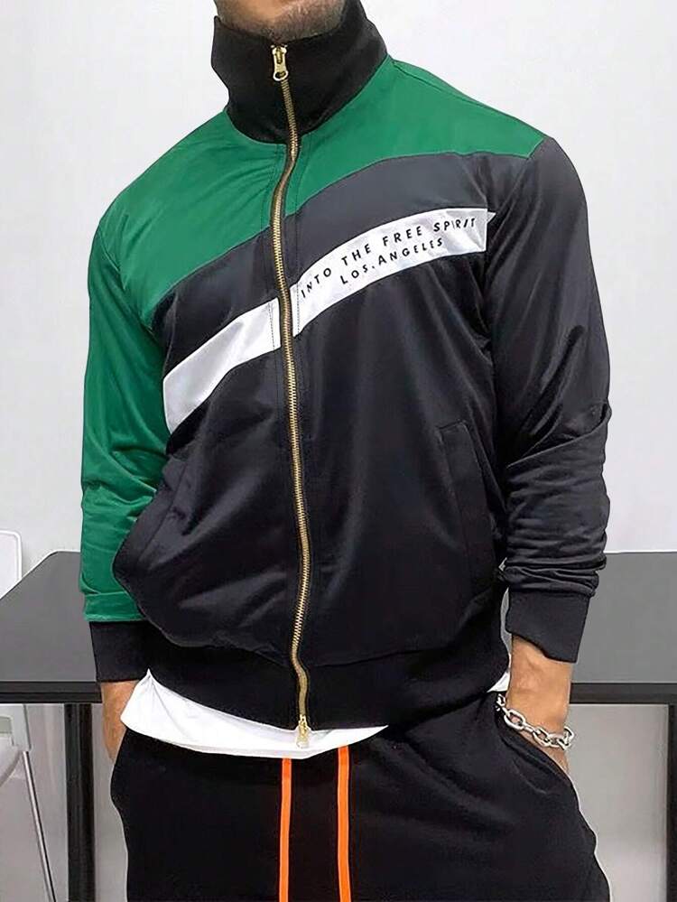 Aesthetic Post--Men Letter Graphic Colorblock Zip Up Jacket
