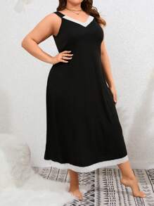 Plus Contrast Lace Cami Pajama Nightdress, Long Dress - Black - View 5