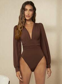 BizChic Body de cuello profundo de manga farol fruncido - Marrón Chocolate - Ver 6