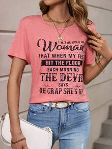 SHEIN LUNE Camiseta con estampado de slogan - Rosa - Ver 5