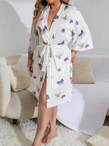 Talla grande Bata con cinturón con estampado de mariposa - Multicolor - Ver 4
