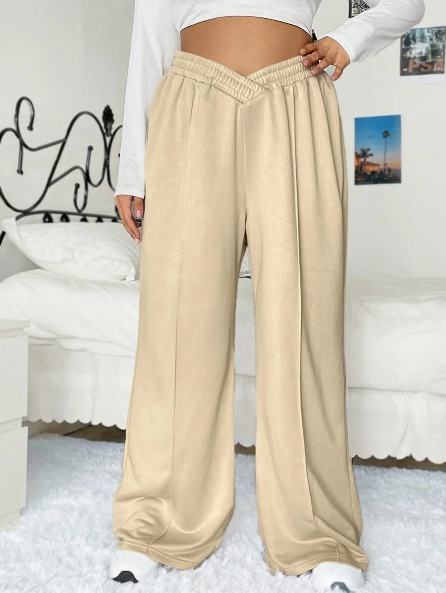 SHEIN EZwear 大碼素色闊腿衛褲 - 卡其色 - 查看 1