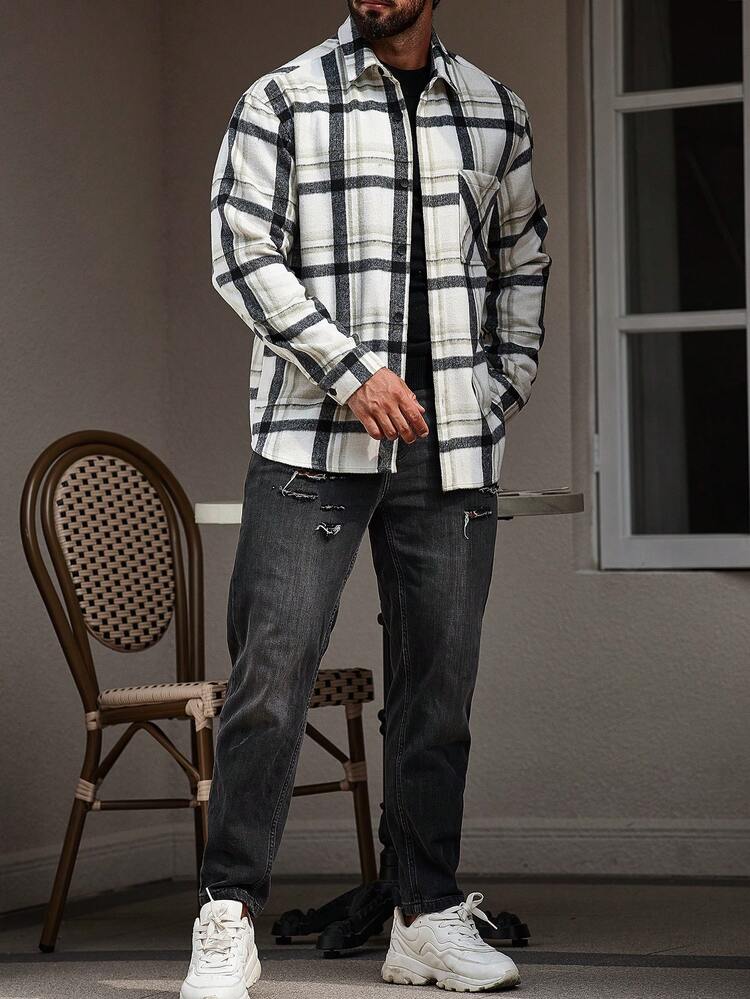 Men's Loose Plaid Printed Overcoat With Pocket Patches