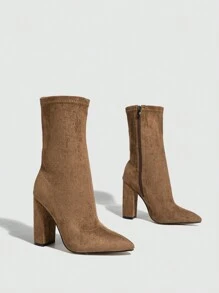 女性指頭尖橡筋中筒拉鍊踝靴,粗高跟 - 橘色 - 查看 3