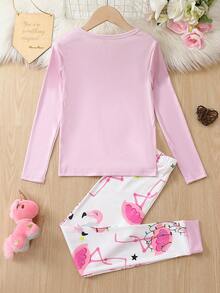 女大童標語&火烈鳥圖案T恤和褲子睡衣套裝適用於聖誕 - 彩色 - 查看 2