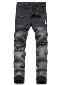 Manfinity Homme Men Splash Ink Print Ripped Frayed Bleach Wash Jeans, Plain Slim Fit Long Dark Grey Cargo Jeans, For Husband, Boyfriend Gifts, Men Paint Splatter Jeans, Men Ripped Jeans, Men Distressed Jeans - Black - View 1