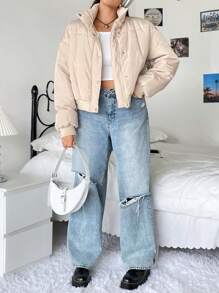 SHEIN EZwear Áo khoác đệm vai thả Plus - Màu be - Xem 4