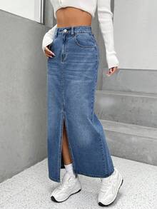 SHEIN EZwear High Waist Split Thigh Denim Skirt