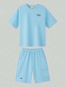 zosee 青少年男孩字母圖案落肩T恤和短褲 - 藍色 - 查看 3