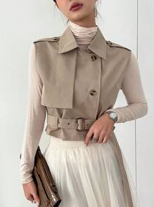 DAZY Lapel Neck Belted Vest Jacket - Khaki - View 7