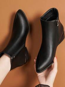 Fall/Winter Women's Sophisticated Black 4cm Leather Patchwork Pointed Toe Electric Plating Glossy Chunky Heel Side Zipper Fashionable Sexy Party Short Shaft Commuting Flat Chelsea Boots,Boots For Women - Black - View 7