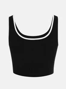 SHEIN BASICS 撞色滾邊短款背心 - 黑色 - 查看 6