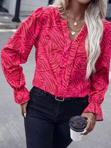 SHEIN LUNE 滿版印花荷葉袖襯衫 - 玫紅色 - 查看 6