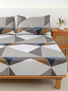 3pcs Fitted Sheet Sets 90g Polyester Fabric Brushed With Geometric Element Pattern, Include 1 Fitted Sheet And 2 Pillowcases