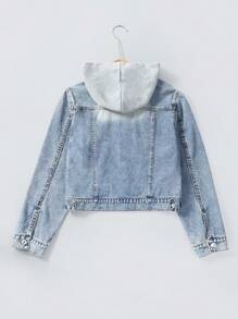 青少年女孩翻蓋口袋連帽牛仔夾克 - 淺色水洗藍 - 查看 2