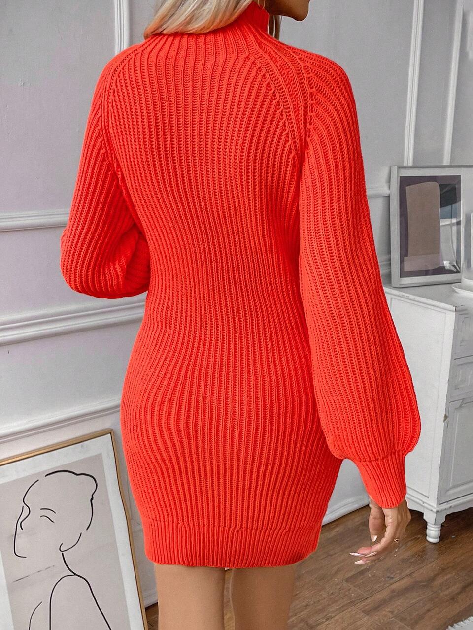 Turtleneck Raglan Sleeve Sweater Dress Without Belt Fall Winter Cloth For Women