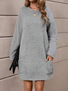 SHEIN LUNE Đầm Túi màu trơn Giải trí - Xám - Xem 4