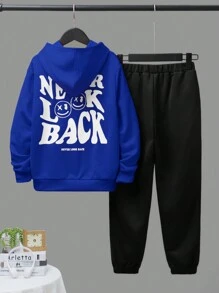 SHEIN Bộ Con Trai Túi Hoạt hình Slogan Giải trí - Màu xanh lam - Xem 1