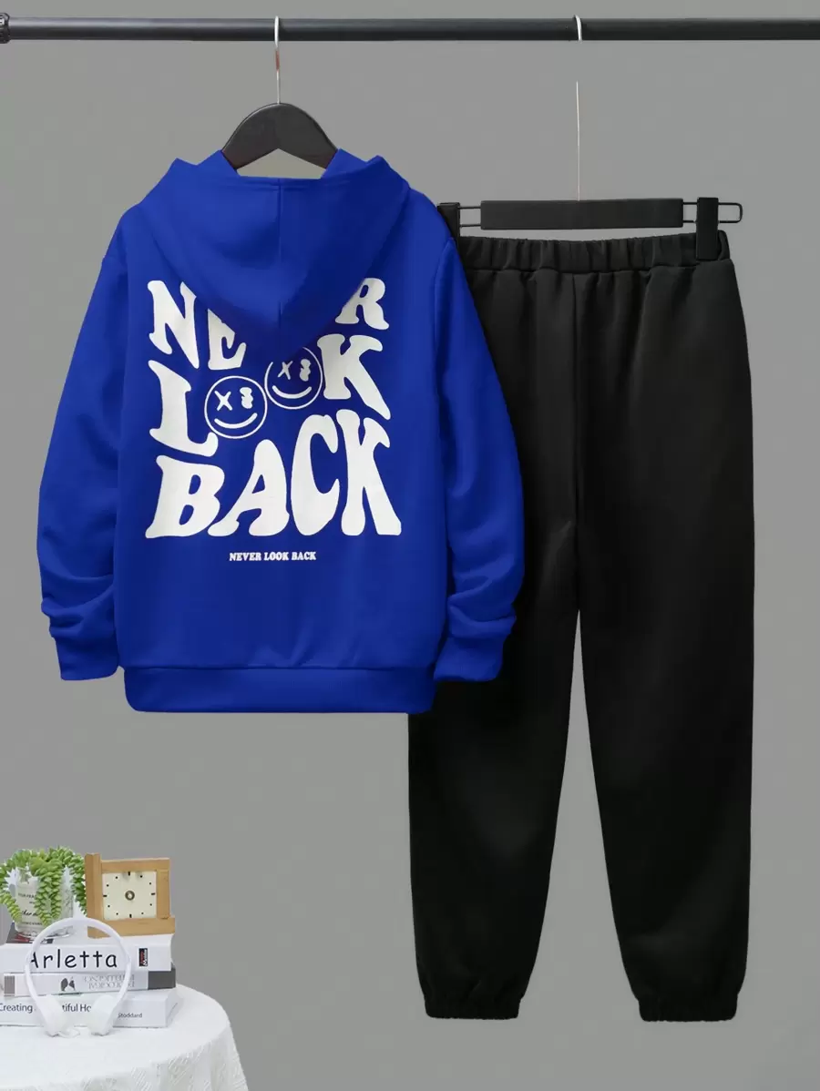 SHEIN Bộ Con Trai Túi Hoạt hình Slogan Giải trí - Màu xanh lam - Xem 1