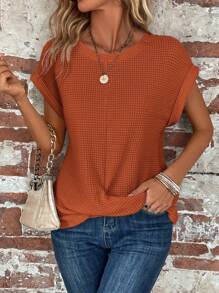 EMERY ROSE Solid Batwing Sleeve Cross Wrap Hem Tee - Brown - View 4