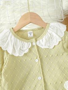 Chica Joven Conjunto de pijama con bordado con ojal ribete con fruncido de manga amplia - Amarillo - Ver 7