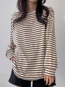DAZY Striped Drop Shoulder Tee,Fall Clothes Long Sleeve Women Tops - Coffee Brown - View 2