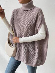 SHEIN LUNE 高領蝙蝠袖針織斗篷 - 卡其色 - 查看 4