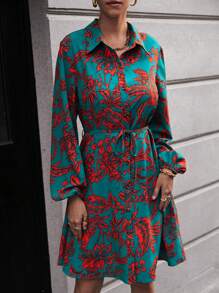 SHEIN LUNE 植物圖案燈籠袖腰帶襯衫洋裝 - 彩色 - 查看 4