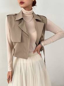 DAZY Lapel Neck Belted Vest Jacket - Khaki - View 9