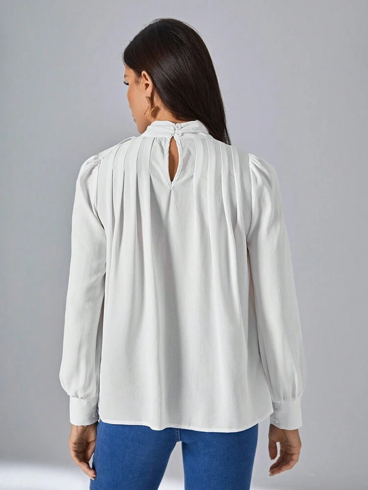 Keyhole Neck Ruffle Trim Blouse