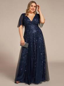 Plus Size Elegant Flounce Sleeve Sequin Formal Dresses Prom Evening Wedding Guest Gown, For Graduation, Dinner Party Dress - Navy Blue - View 6