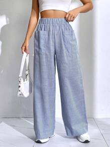 SHEIN EZwear Striped Print Wide Leg Pants - Blue and White - View 1