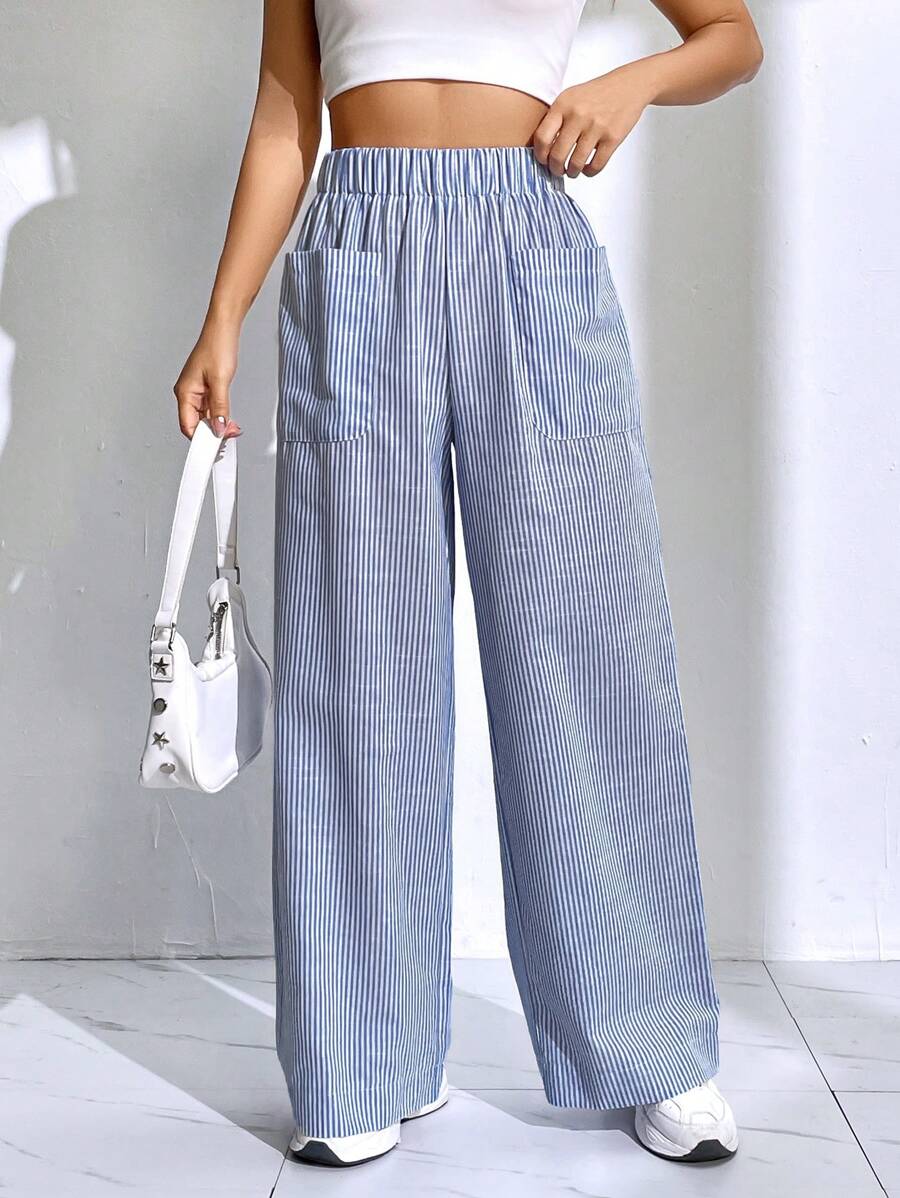 SHEIN EZwear Striped Print Wide Leg Pants - Blue and White - View 1