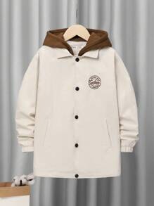 SHEIN Cậu bé Tween Lỏng lẻo phù hợp áo có mũ Khối màu Jacket thể thao - Màu be - Xem 7